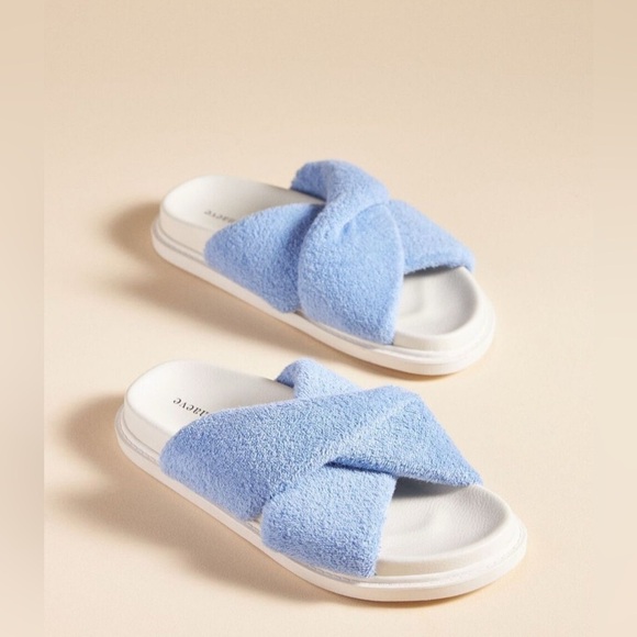 Anthropologie Light Blue Fuzzy Slide Sandals - Picture 1 of 7